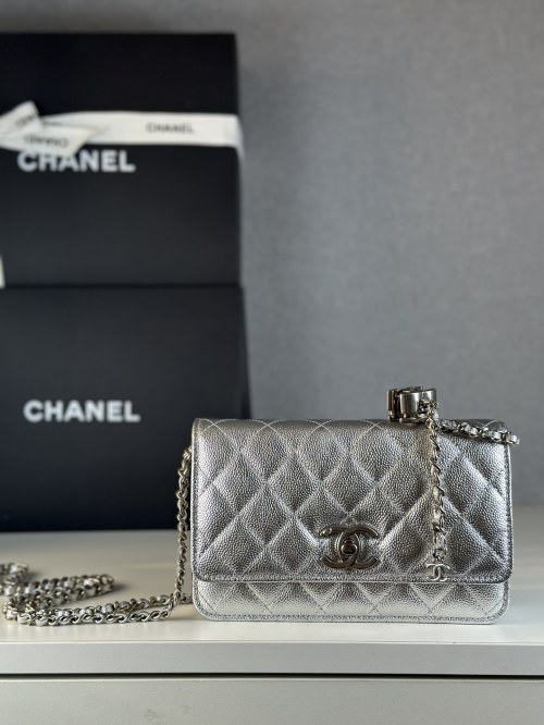 Chanel WOC Chain Bag with Double C Clasp - Silver Lambskin Leather 1 Chanel WOC Chain Bag with Double C Clasp - Silver Lambskin Leather