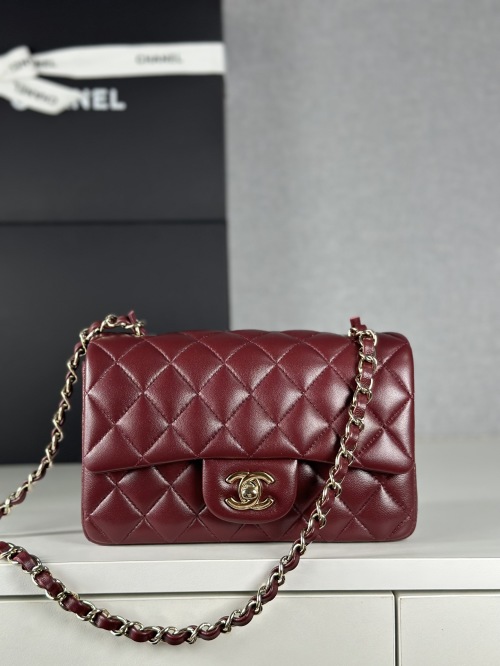 Elegant Mini Flap Bag in Deep Burgundy with Gold Hardware, 20cm 1 Elegant Mini Flap Bag in Deep Burgundy with Gold Hardware, 20cm