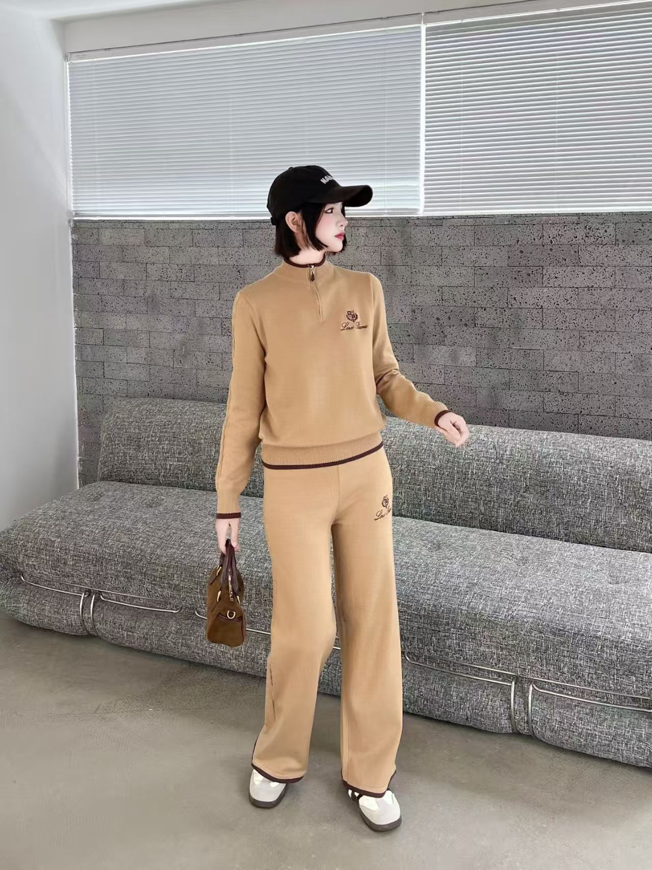 Wool Knit Set Designer Brand Sweater and Wide Leg Pants Embroidery Logo