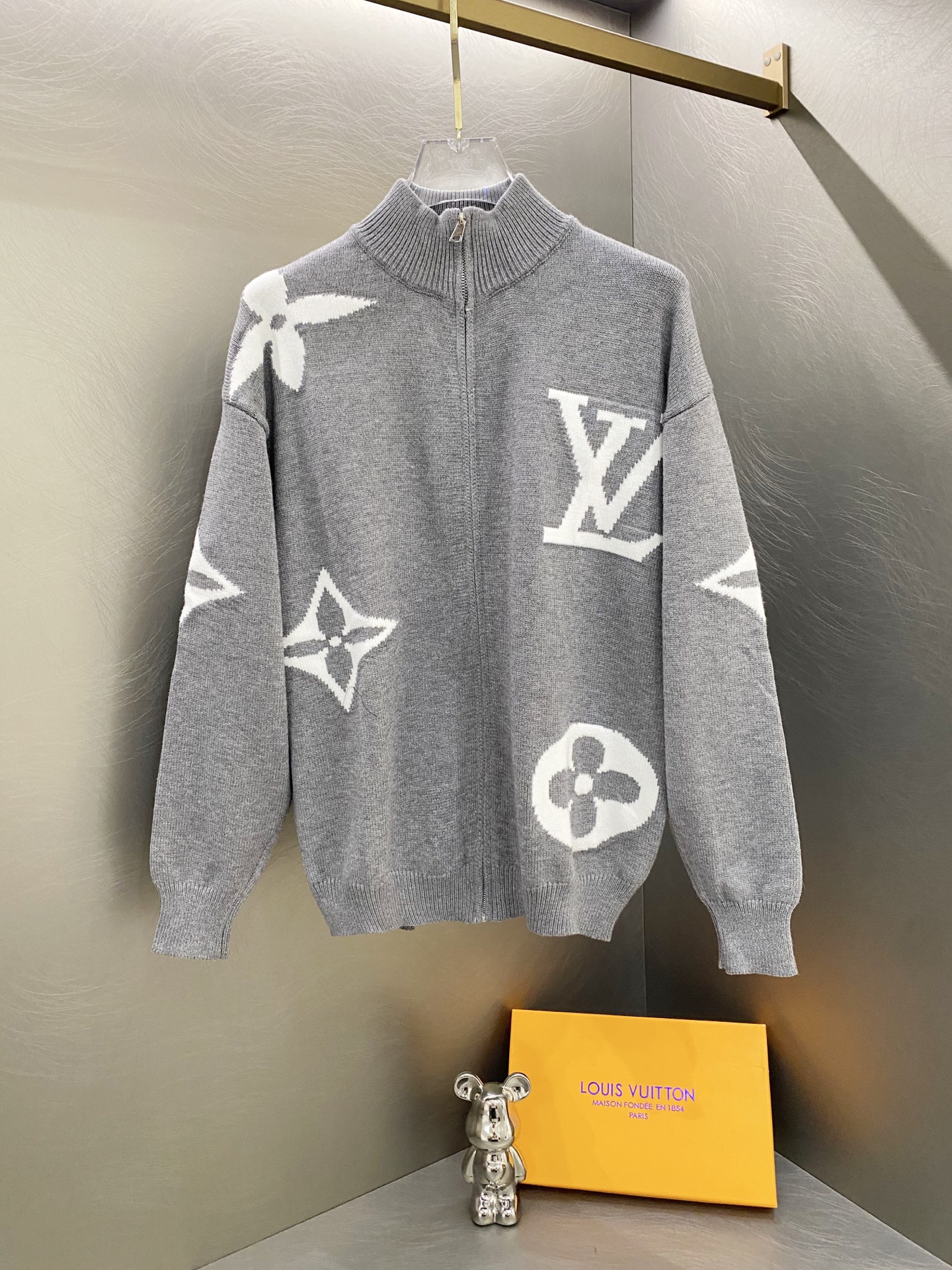 Louis Vuitton Gray Wool-Blend Monogram Zip-Up Knit Cardigan Sweater