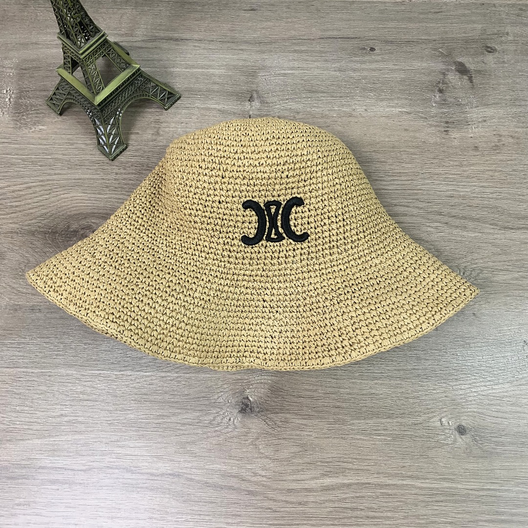 1012#P42#CELINE赛琳刺绣渔夫帽休闲户外时尚草帽百搭遮阳帽显脸小#
均码
颜色：黑色 卡其色 啡色 杏色