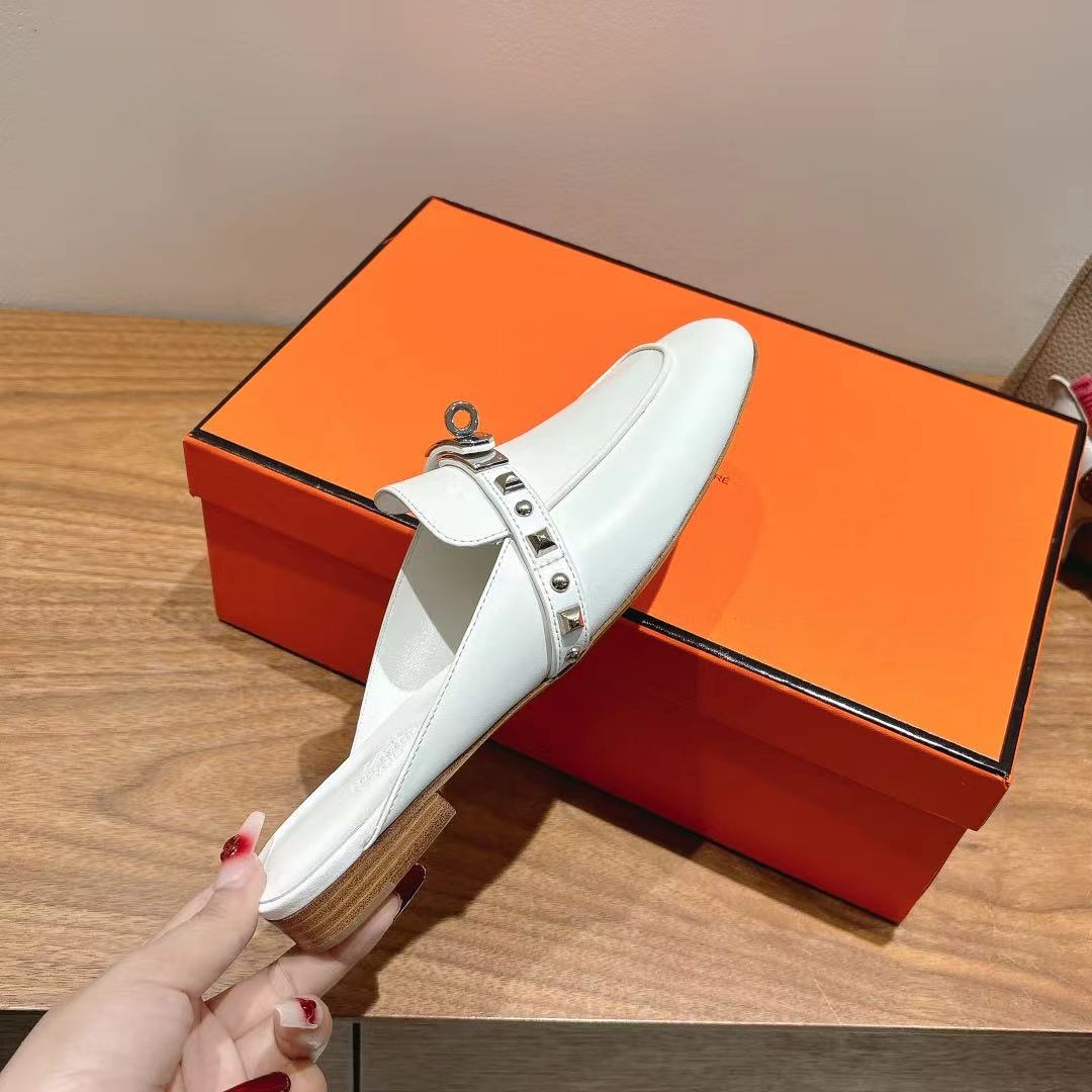 Hermes Women's White Leather Riveted Mule Sandals, Size 35-39 2 i1744154662216 7072 0 0