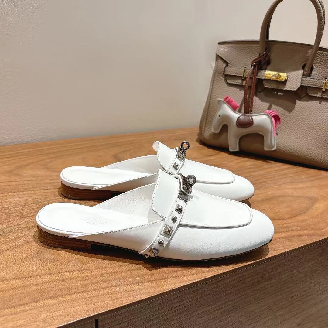 Hermes Women's White Leather Riveted Mule Sandals, Size 35-39 5 i1744459421274 2856 0 2