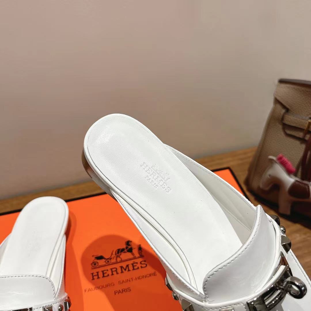 Hermes Women's White Leather Riveted Mule Sandals, Size 35-39 9 i1744459421274 9534 0 7