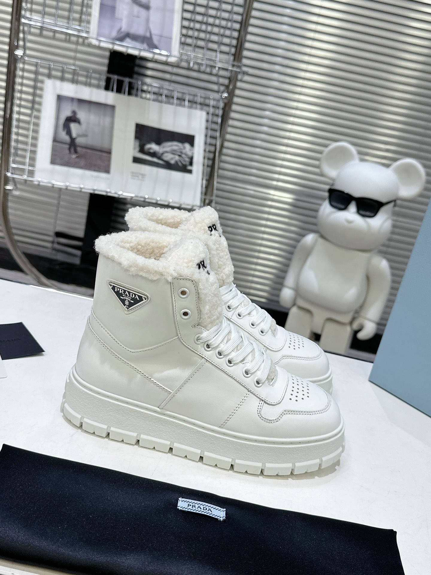 Prada Skateboard Shoes Sneakers Platform Shoes White Women Cowhide TPU Wool Casual