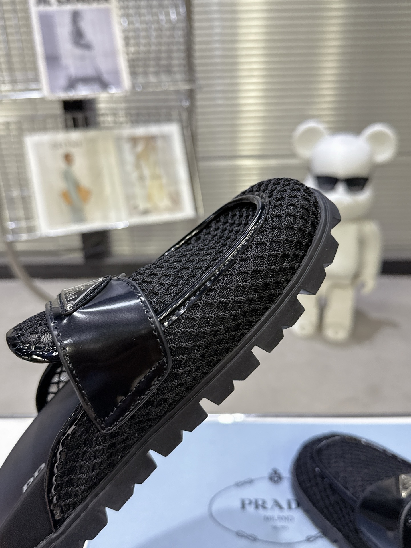 Prada Mesh & Patent Leather Platform Mule Slides