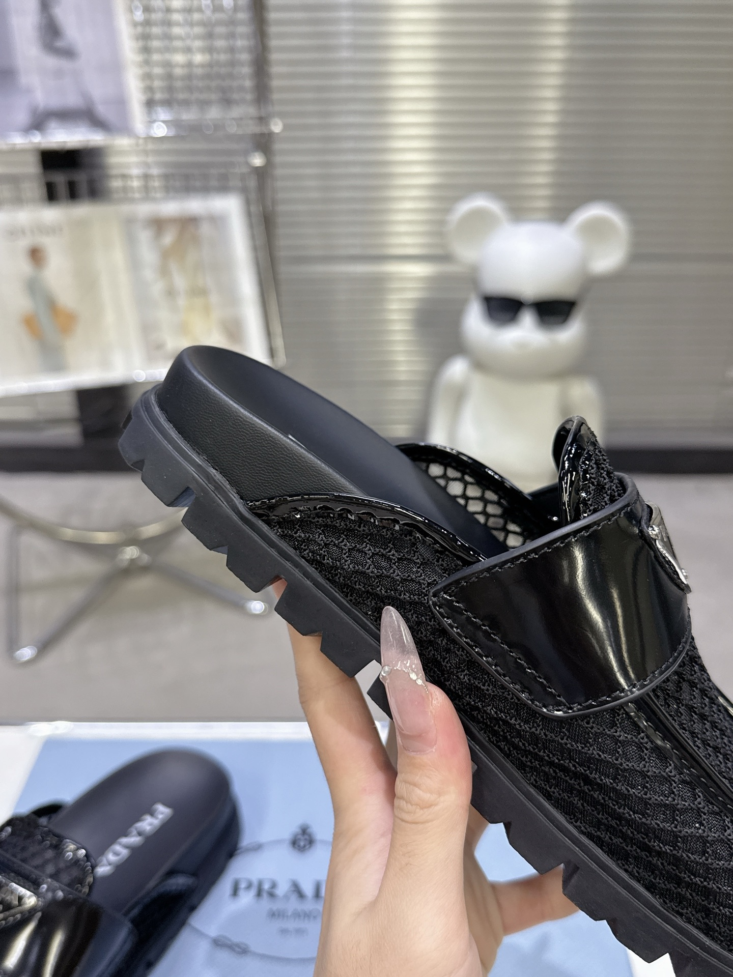 Prada Mesh & Patent Leather Platform Mule Slides
