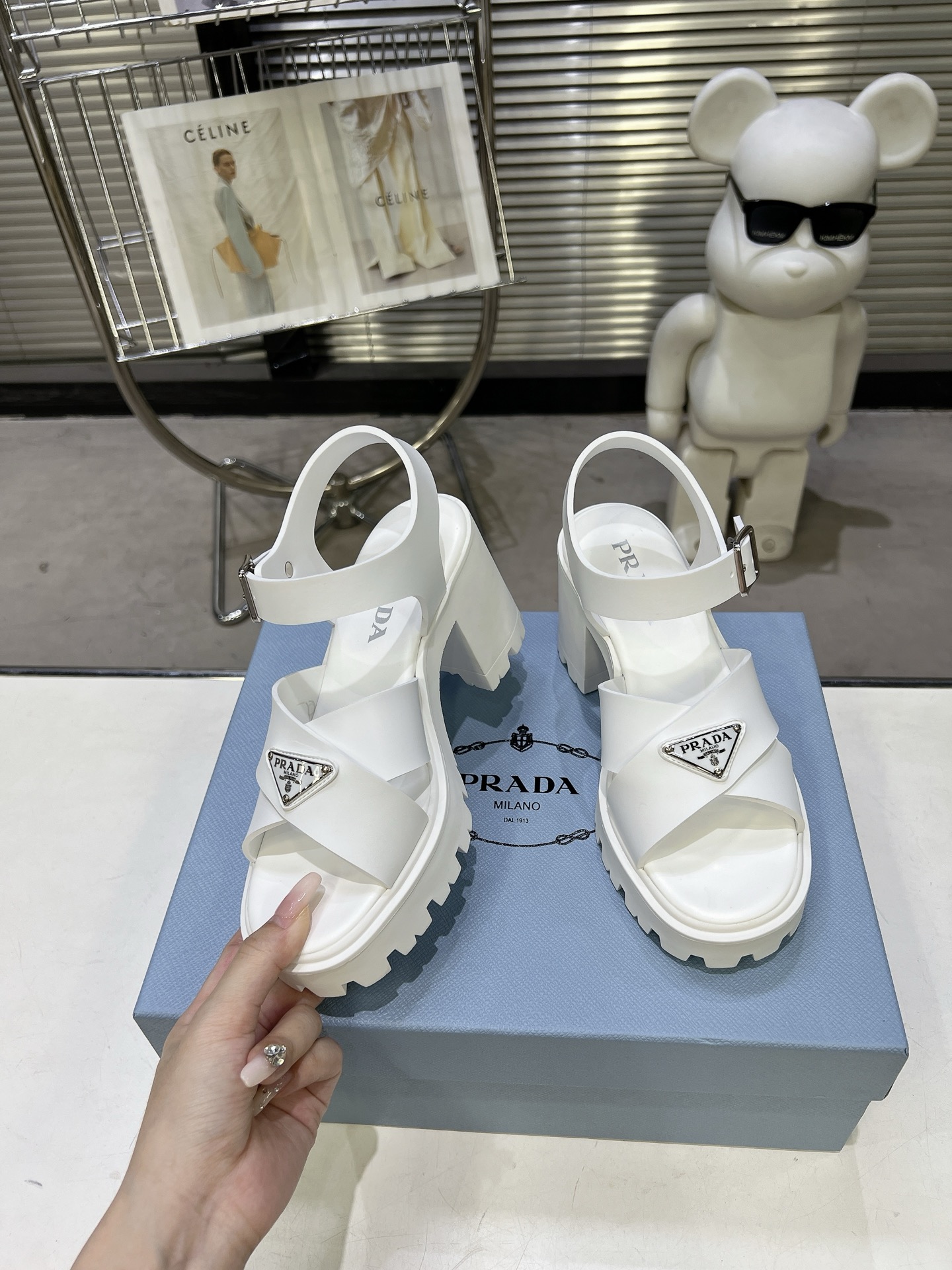 Prada Cross Strap Block Heel Platform Sandals