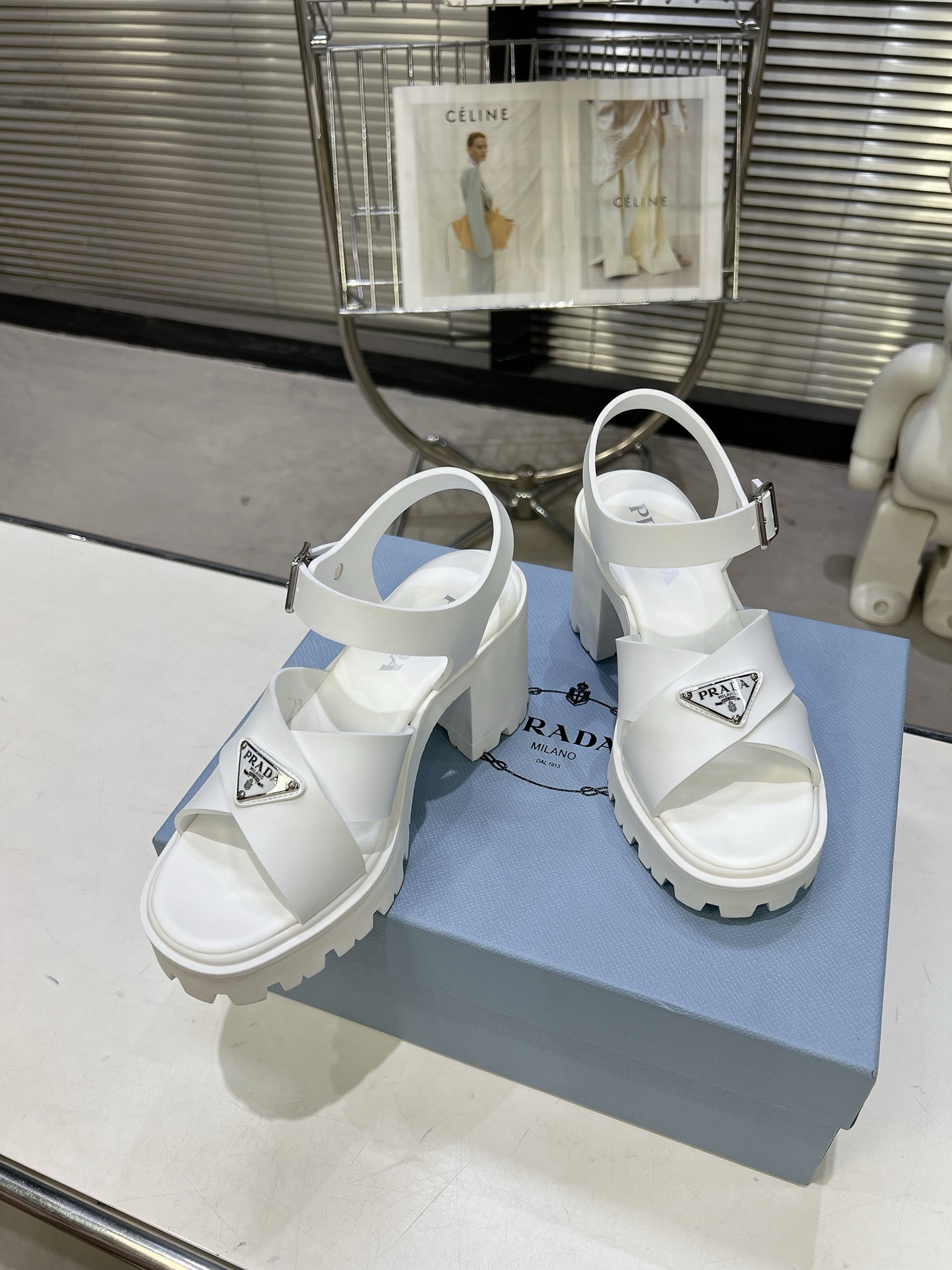 Prada Cross Strap Block Heel Platform Sandals