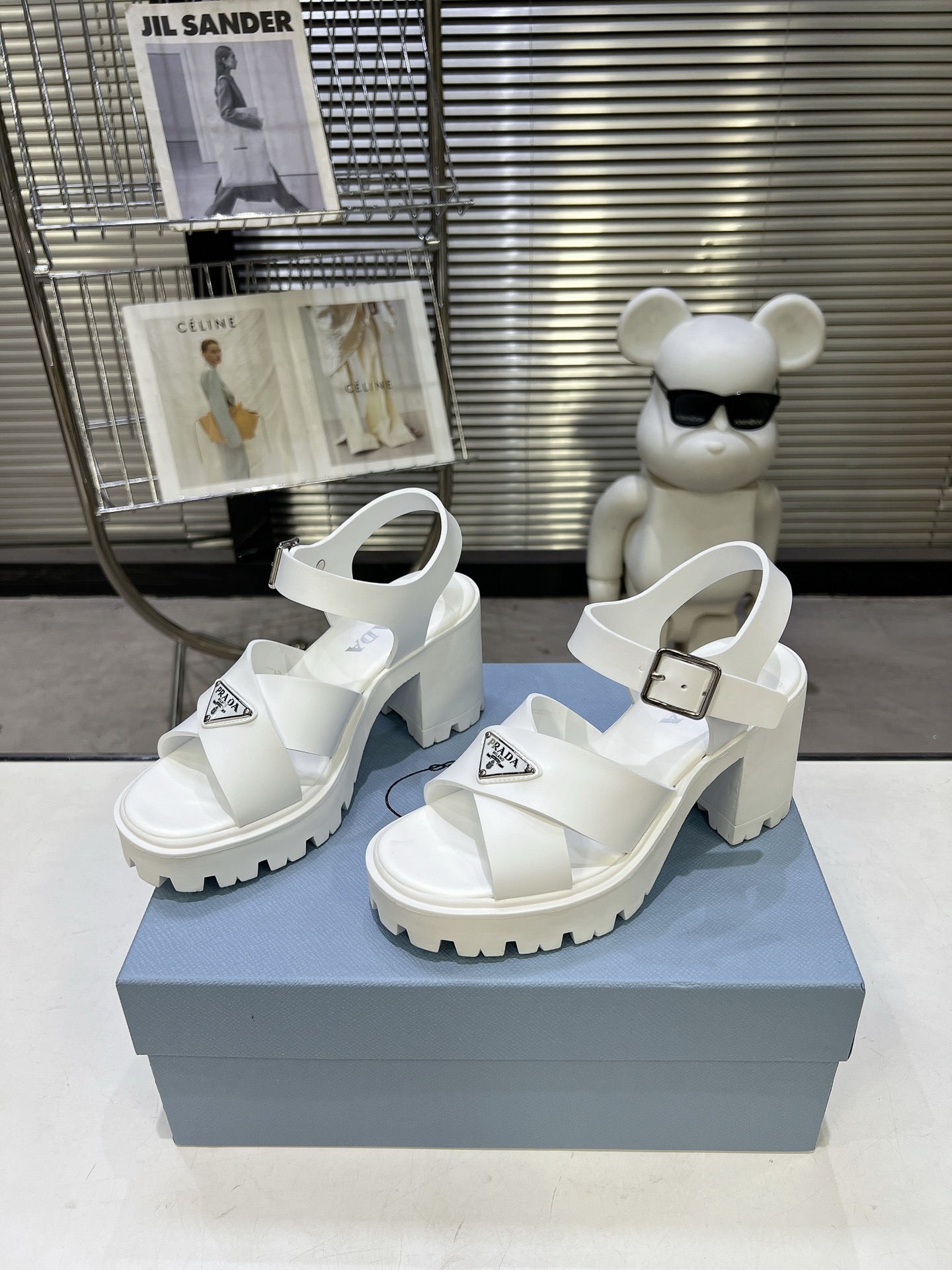 Prada Cross Strap Block Heel Platform Sandals