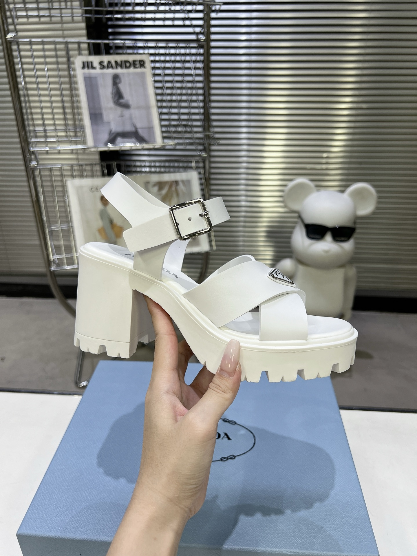 Prada Cross Strap Block Heel Platform Sandals