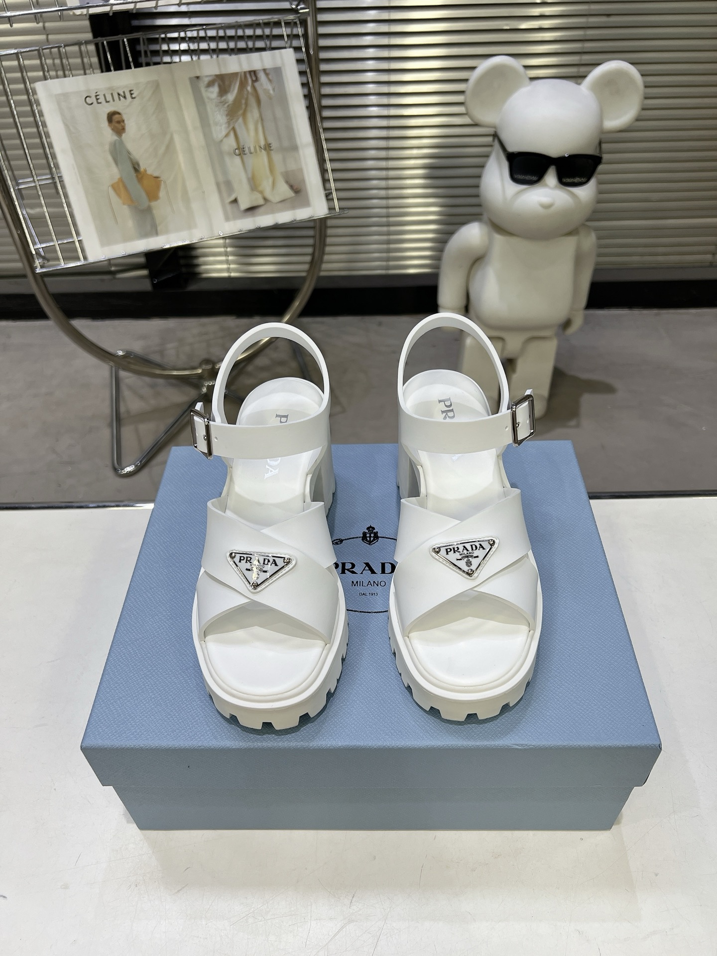 Prada Cross Strap Block Heel Platform Sandals