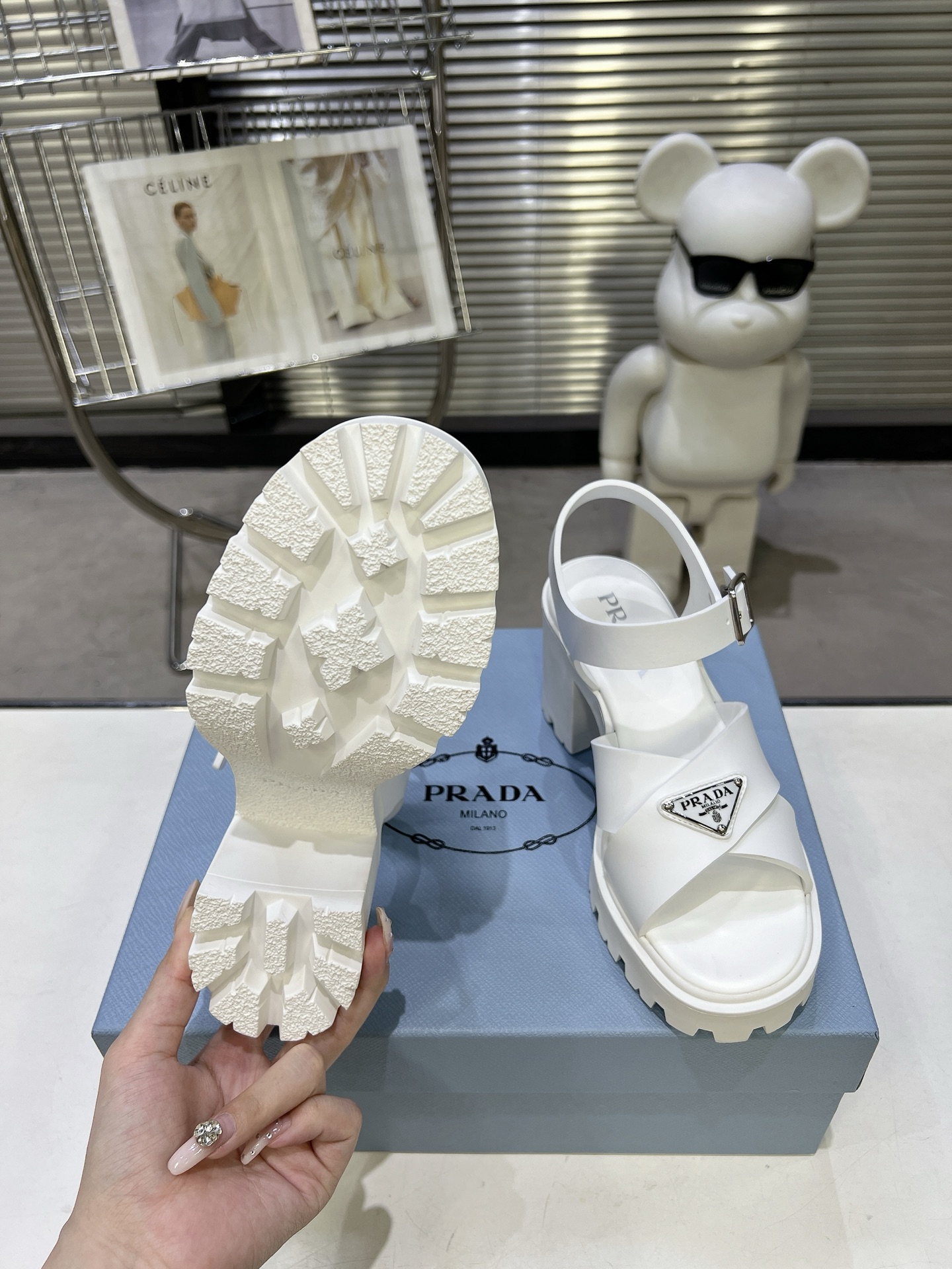Prada Cross Strap Block Heel Platform Sandals