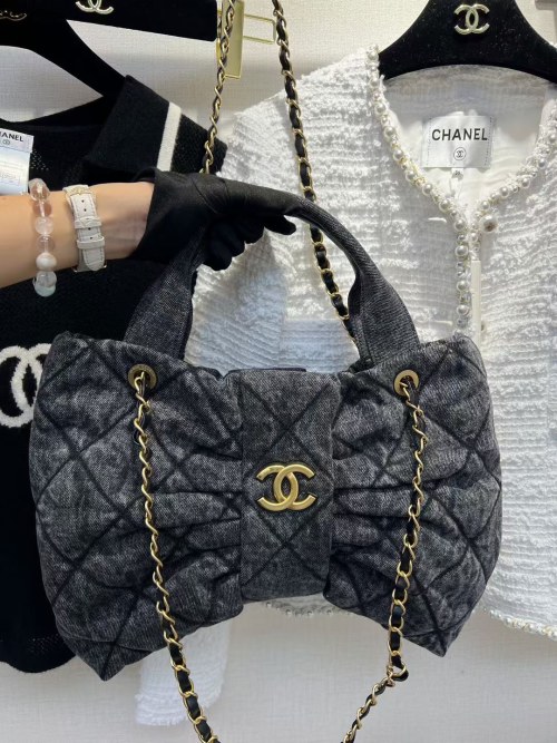 Chanel Bow Denim Quilted Chain Shoulder Bag Small, 18/26/5cm 1 Chanel Bow Denim Quilted Chain Shoulder Bag Small, 18/26/5cm
