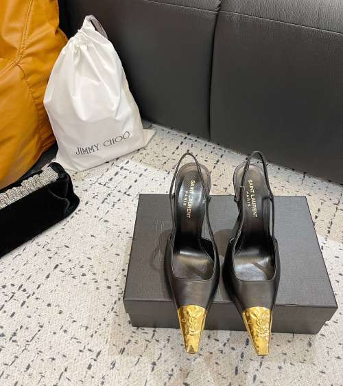 Saint Laurent Slingback Pointed Toe Pumps in Leather with Gold Hardware 1 Saint Laurent Slingback Pointed Toe Pumps in Leather with Gold Hardware