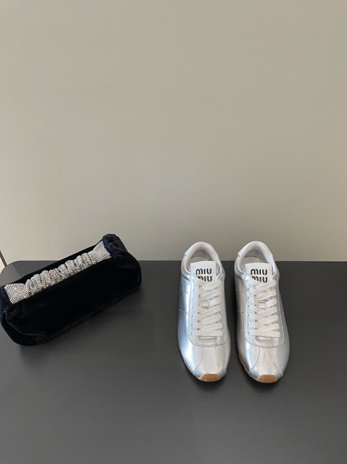 Miu Miu Women's Silver Leather Lace-Up Low-Top Sneakers, Size 35-41 1 Miu Miu Women's Silver Leather Lace-Up Low-Top Sneakers, Size 35-41