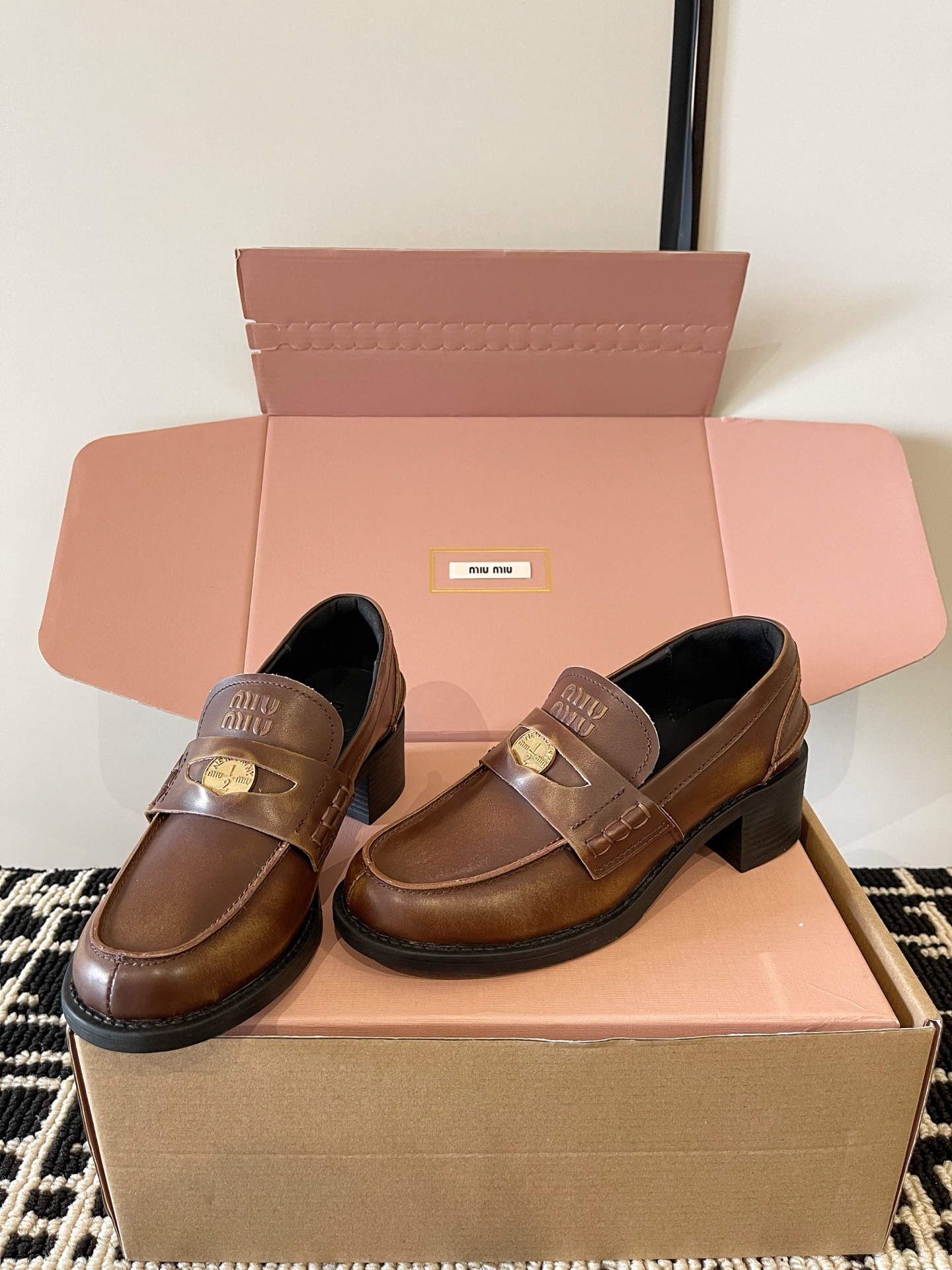 Miu Miu Brown Badge Loafers