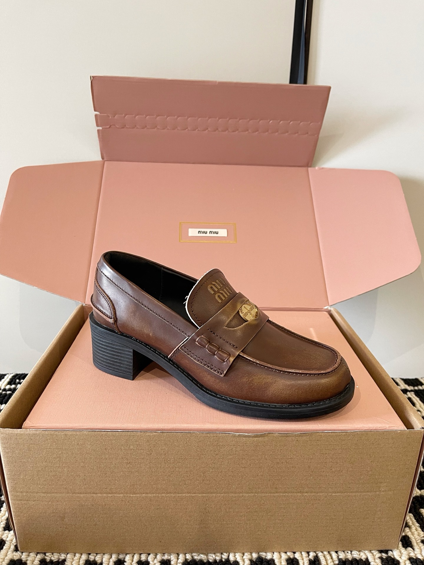 Miu Miu Brown Badge Loafers