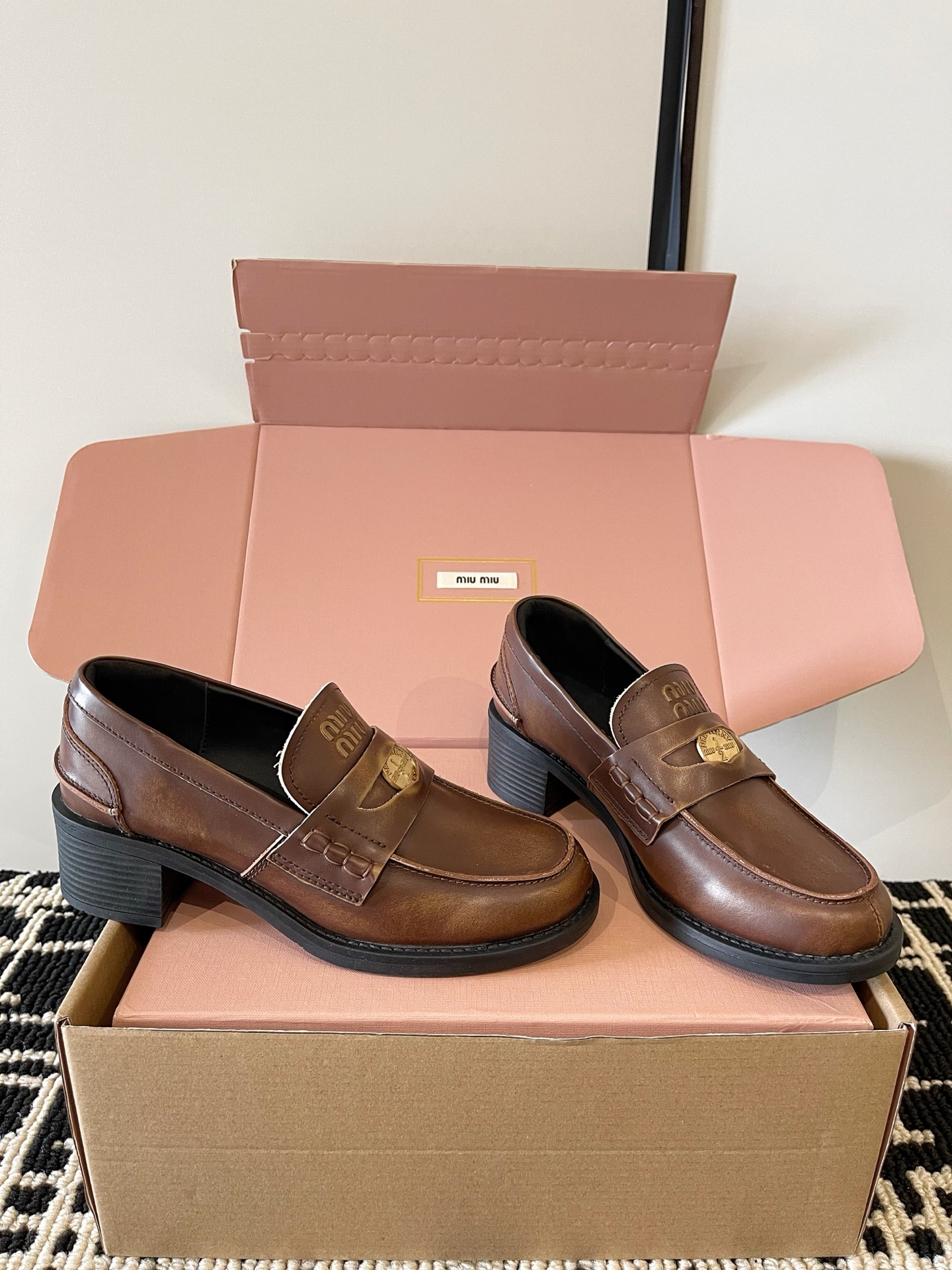 Miu Miu Brown Badge Loafers