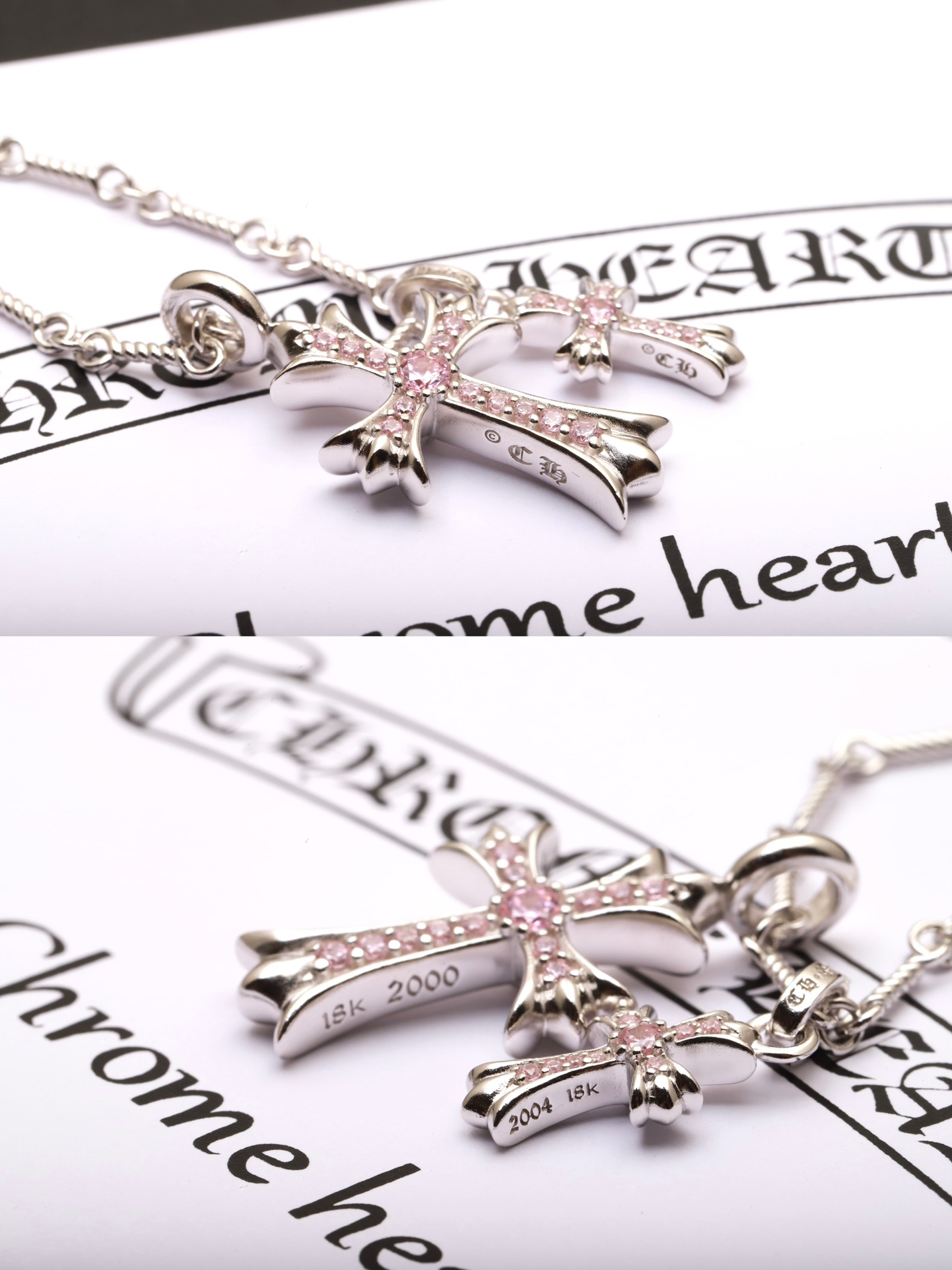Chrome Hearts 𝐂𝐡𝐫𝐨𝐦𝐞 𝐡𝐞𝐚𝐫𝐭𝐬克罗心 镀18K白双十字架粉钻项链 材质925采用真空电镀保色时间持久 版本 18k对版字印 镶嵌方法都一致