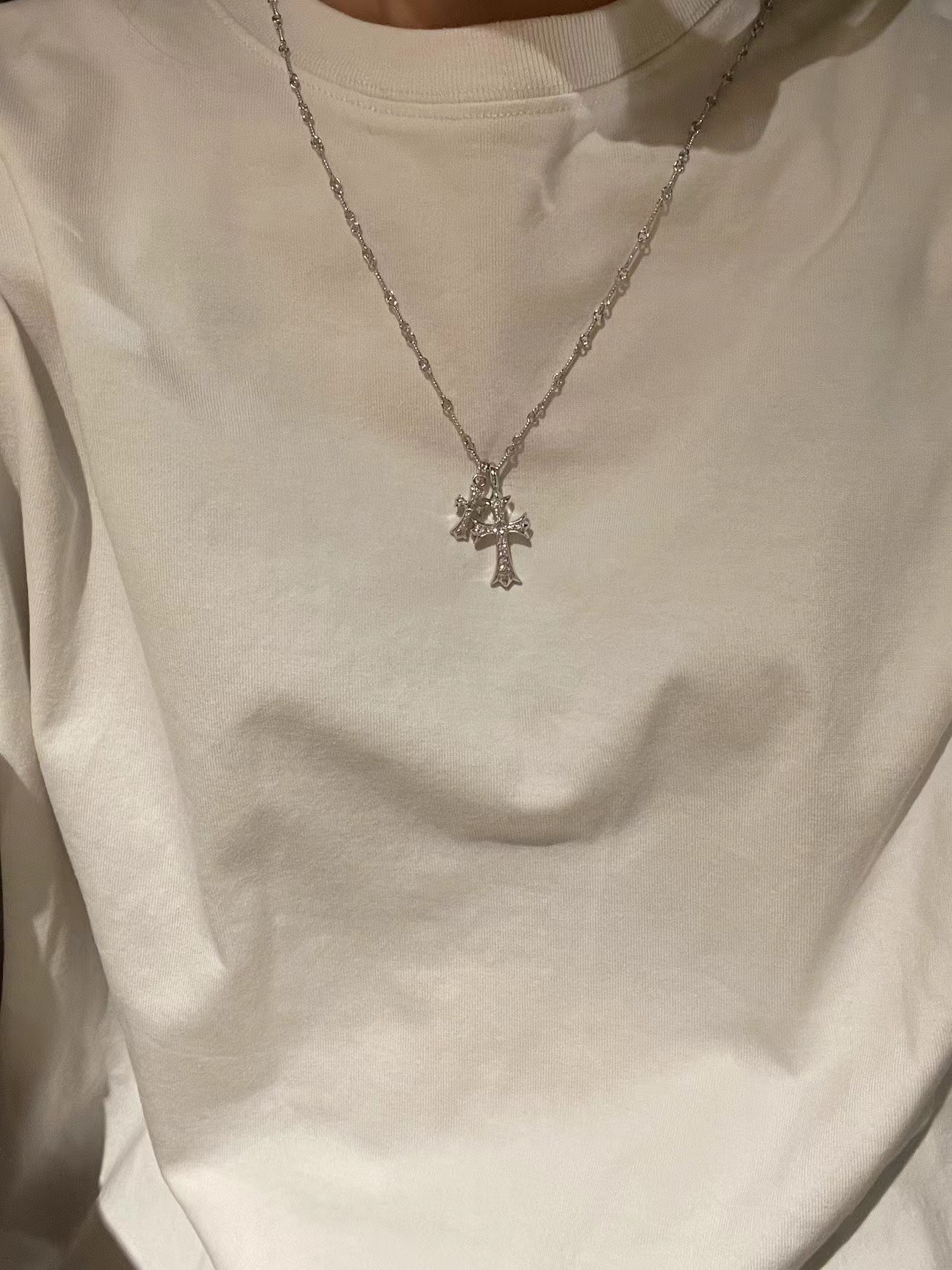 Chrome Hearts 𝐂𝐡𝐫𝐨𝐦𝐞 𝐡𝐞𝐚𝐫𝐭𝐬克罗心 镀18K白双十字架粉钻项链 材质925采用真空电镀保色时间持久 版本 18k对版字印 镶嵌方法都一致