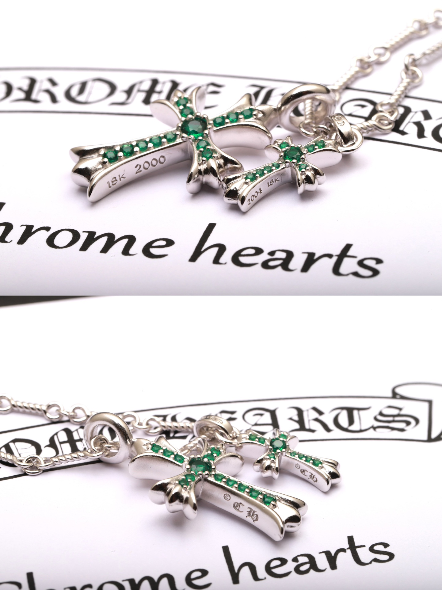 Chrome Hearts 𝐂𝐡𝐫𝐨𝐦𝐞 𝐡𝐞𝐚𝐫𝐭𝐬克罗心 镀18K白双十字架绿钻项链 材质925采用真空电镀保色时间持久 版本 18k对版字印 镶嵌方法都一致