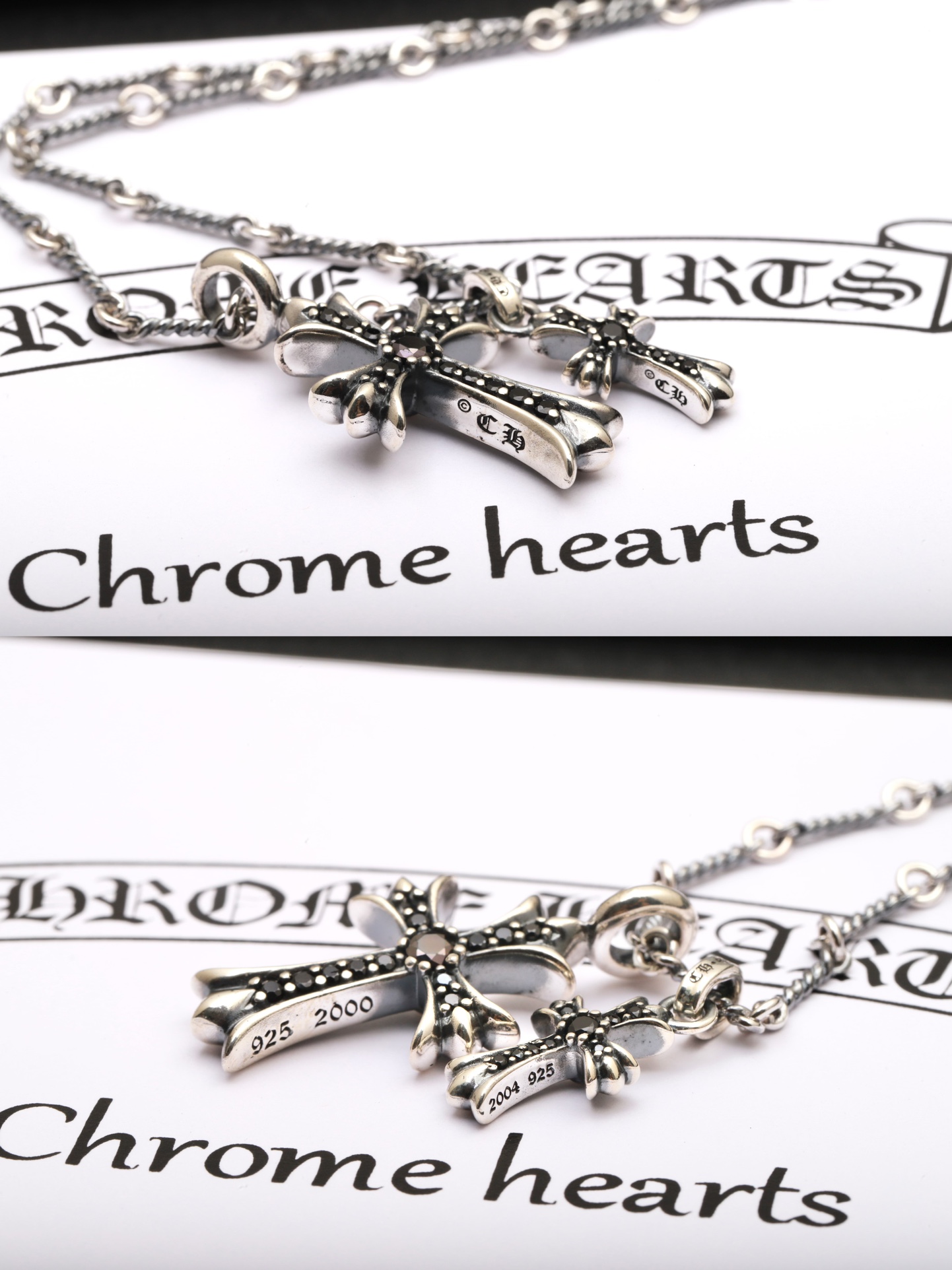 Chrome Hearts 𝐂𝐡𝐫𝐨𝐦𝐞 𝐡𝐞𝐚𝐫𝐭𝐬克罗心 双十字架黑钻项链 材质925采用真空电镀保色时间持久 版本 18k对版字印 镶嵌方法都一致
