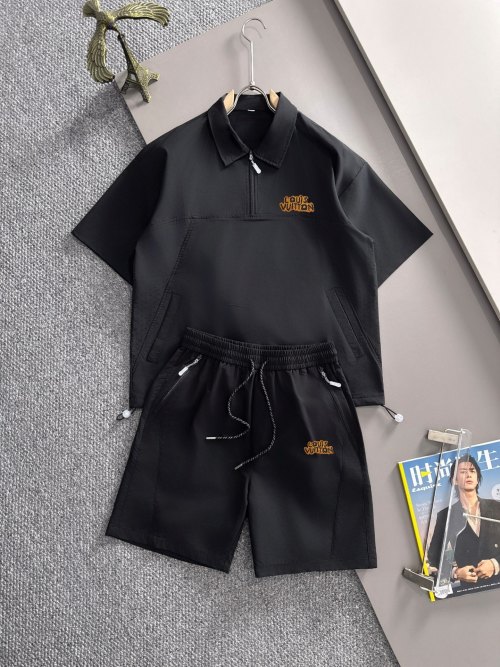 Louis Vuitton Men's Black Liquid Ammonia Cotton Casual Two-Piece Summer Set 1 Louis Vuitton Men's Black Liquid Ammonia Cotton Casual Two-Piece Summer Set