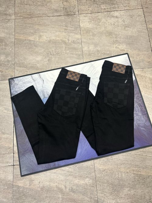 Louis Vuitton Men's Black Denim Jeans with Checkered Pattern - Slim Fit 4 Louis Vuitton Men's Black Denim Jeans with Checkered Pattern - Slim Fit
