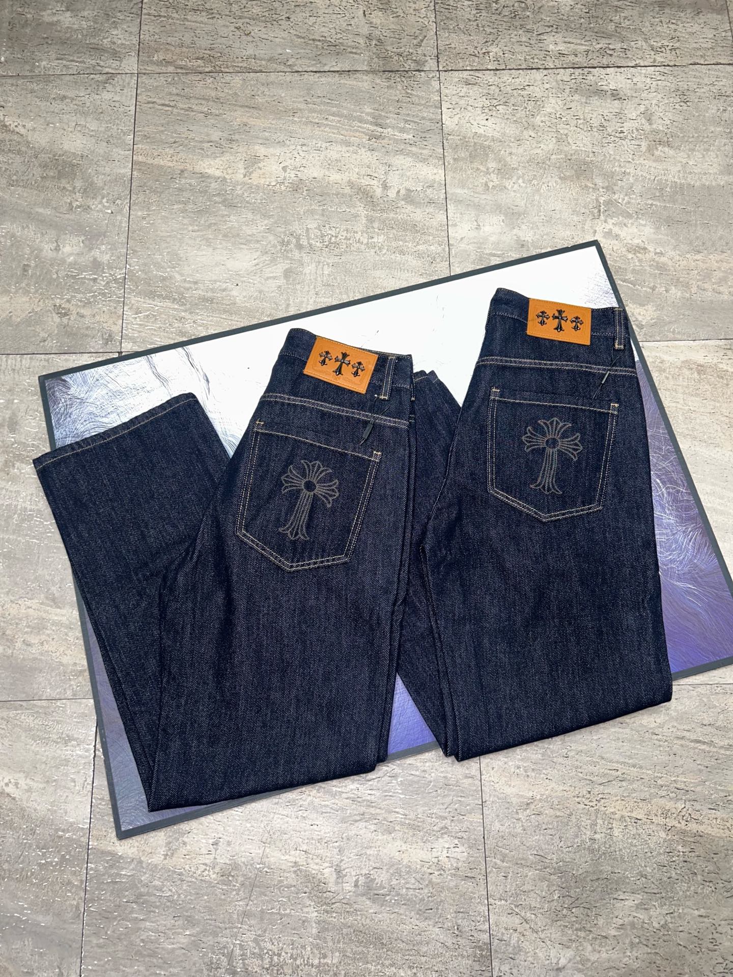 Chrome Hearts Straight Leg Jeans, Super Soft High Cotton Denim, Blue, Size 28-38