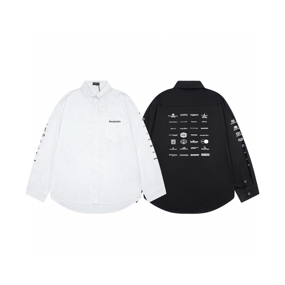 Balenciaga Clothing Shirts & Blouses Black White Printing Cotton Poplin Fabric Long Sleeve