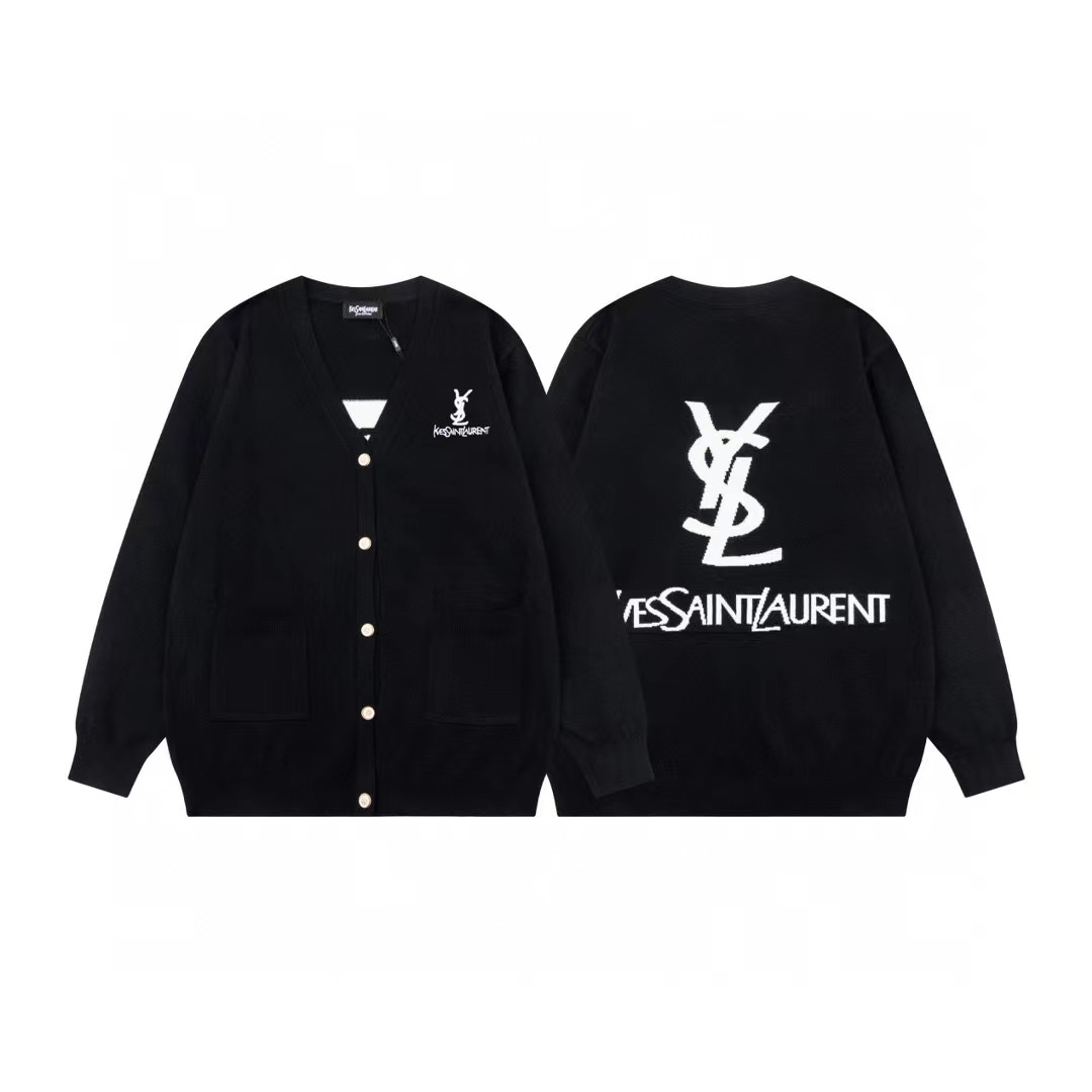 Yves Saint Laurent Clothing Cardigans Knit Sweater Black Unisex Cotton Knitting Fall Collection Long Sleeve