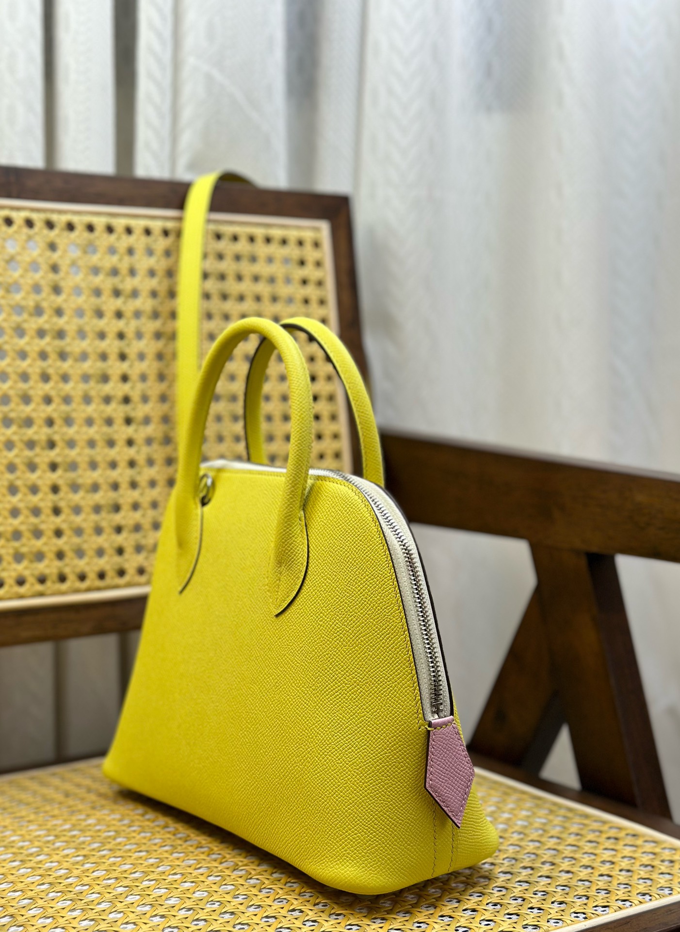 Hermès Bolide Shell bag 25cm lemon yellow/mallow purple/cream white/silver buckle