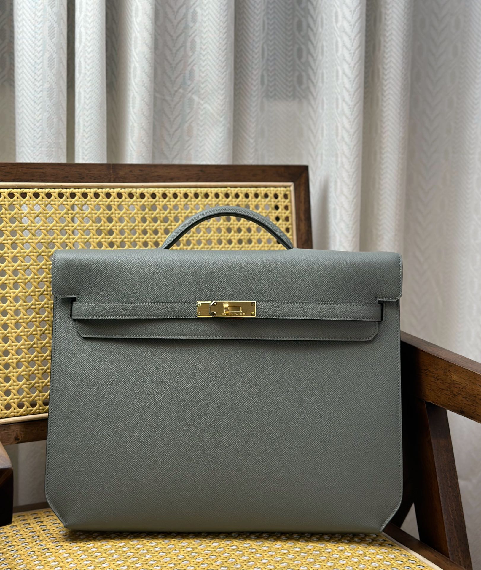 Hermes Kelly Borse Cartella Donna Mandorla verde Colore albicocca Verde Cucire Hardware oro Epsom