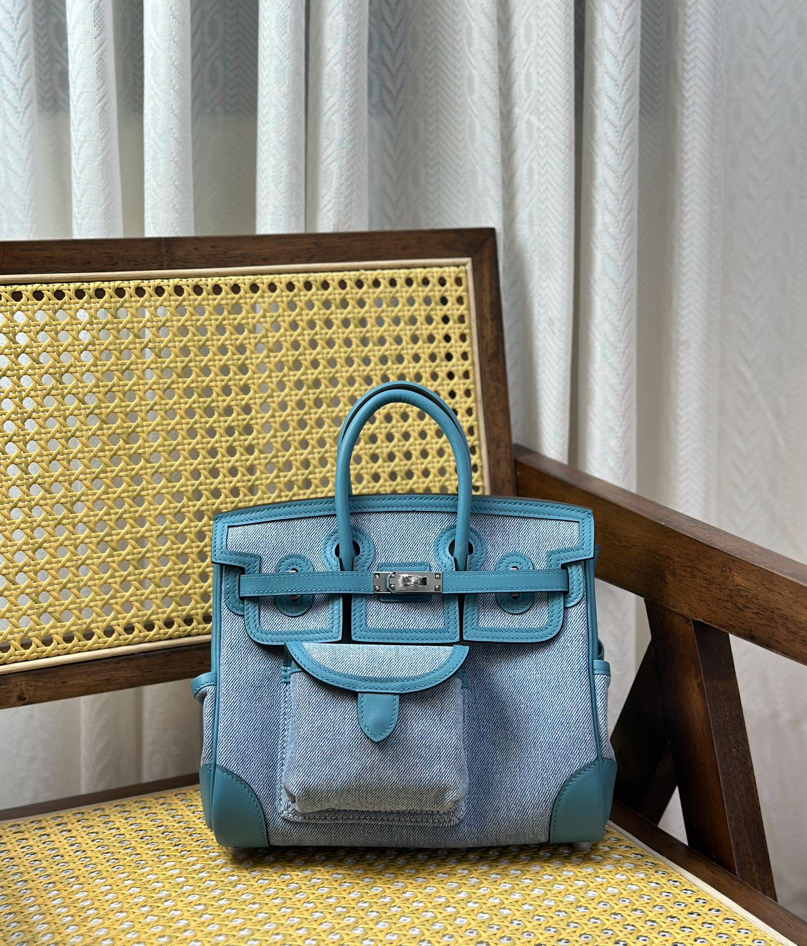 Hermes Birkin Borse Borsette Migliore replica delle capucine
 Blu Hardware argento Tela