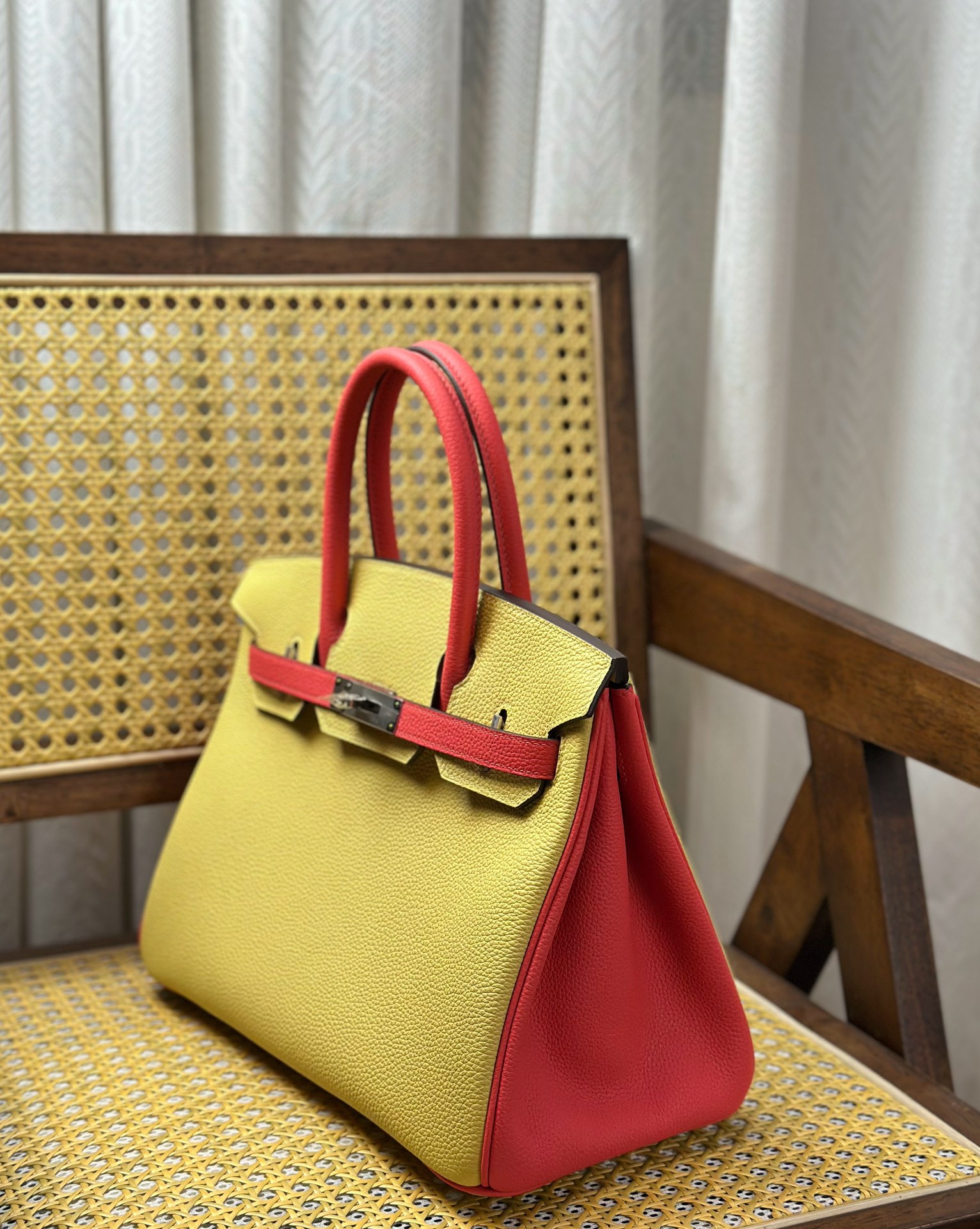 Hermès Binkin 30cm/Chick Yellow Lipstick Powder Silver Buckle