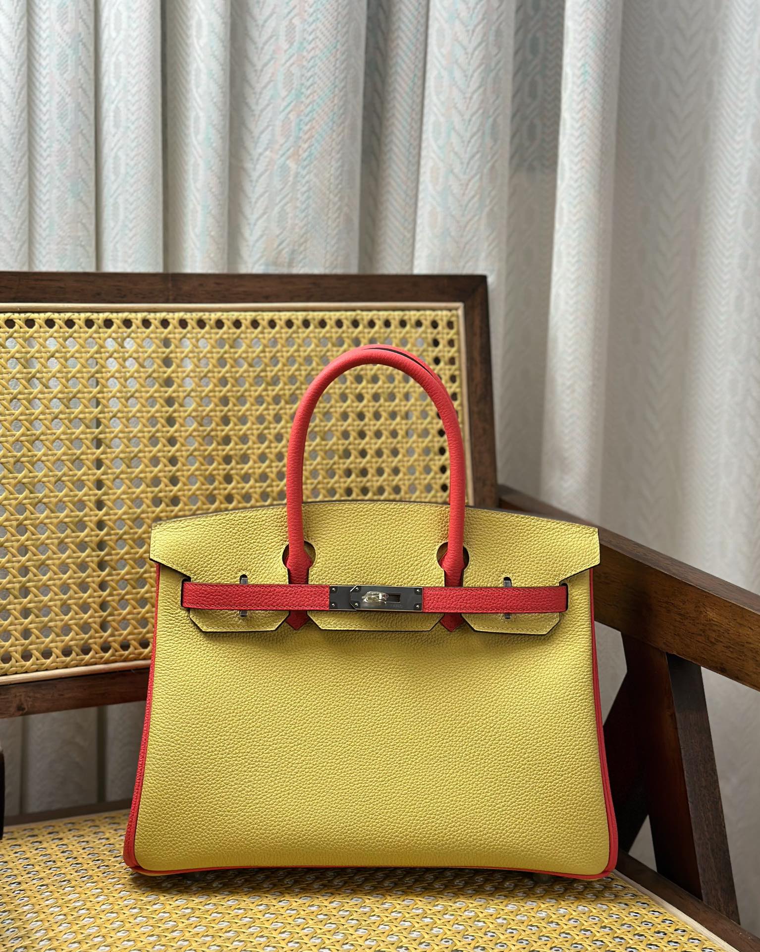 Hermès Binkin 30cm/Chick Yellow Lipstick Powder Silver Buckle