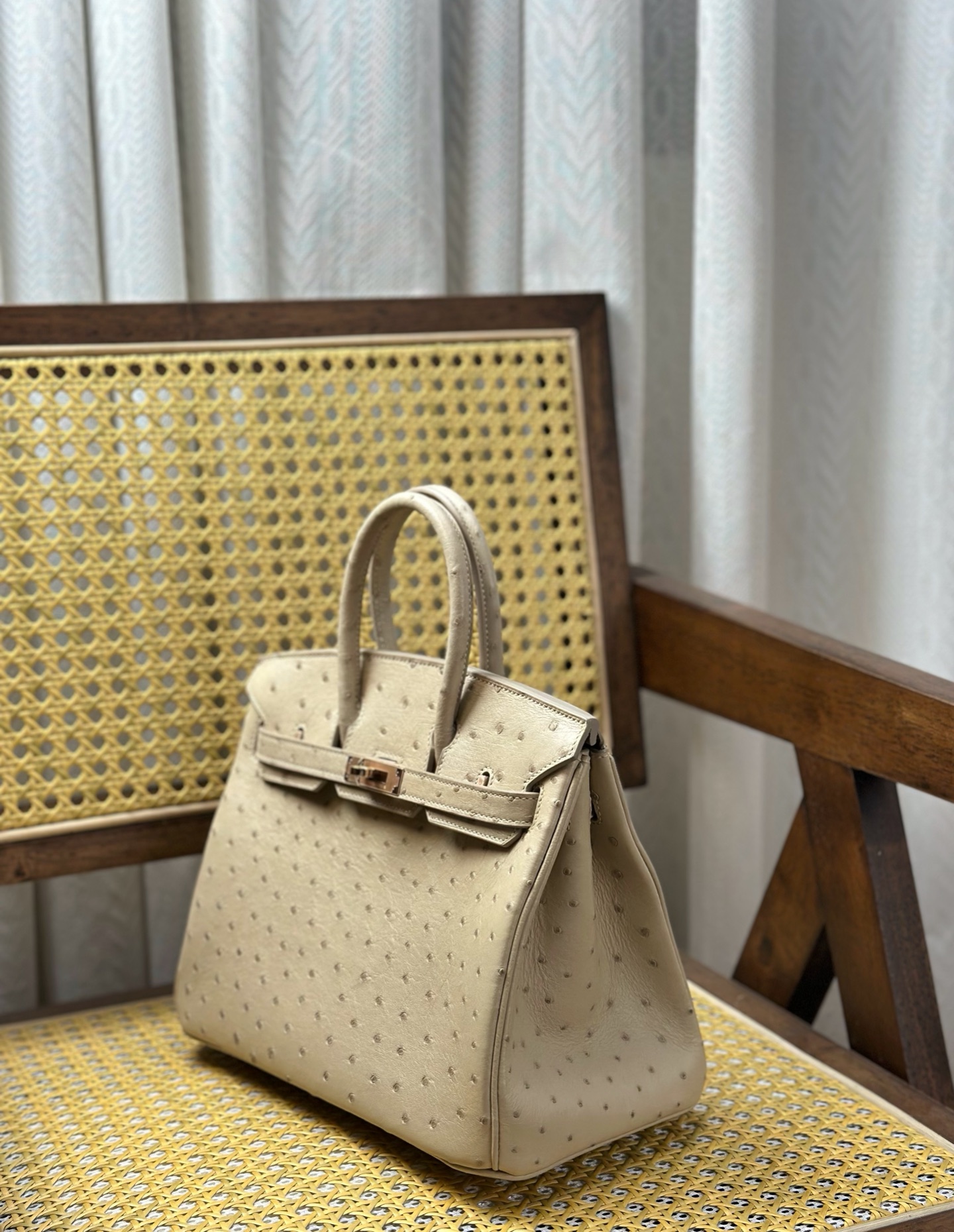 Hermès Hermes Birkin/25cm ostrich skin wool white rose gold buckle details real shot