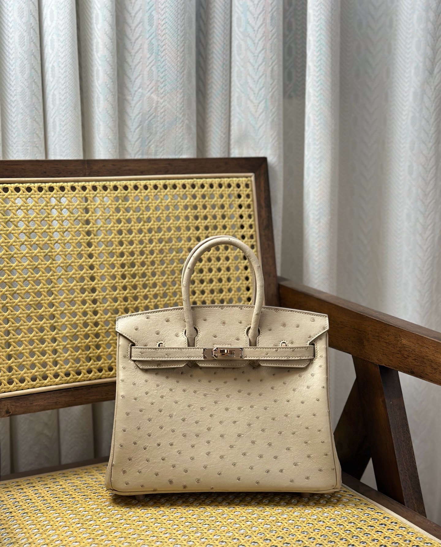 Hermès Hermes Birkin/25cm ostrich skin wool white rose gold buckle details real shot