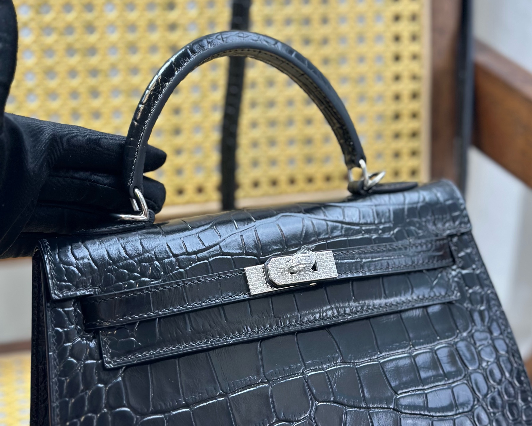 Hermès Rare H home delivery real shot Kelly 25cm Crocodile pattern black diamond buckle