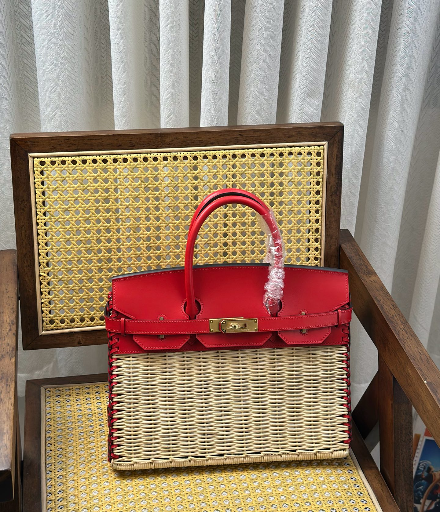 Hermès Rare H family delivery real shot collection model binkin picnic 30cm bamboo woven bag picnic bag