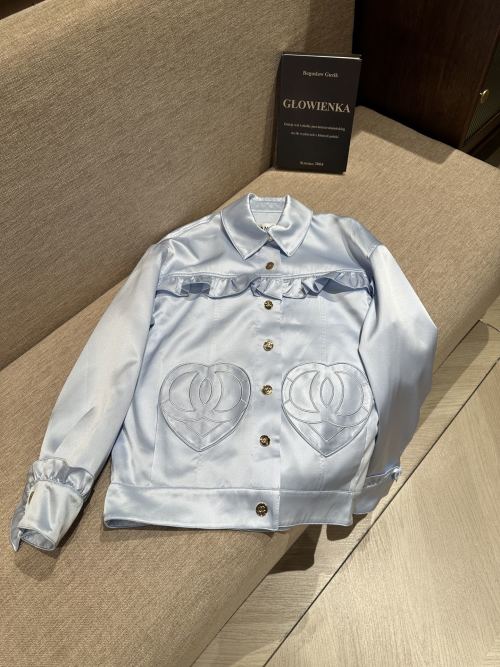 Chanel Baby Blue Ruffle-Trimmed Jacket - Elegant Women's Outerwear 1 Chanel Baby Blue Ruffle-Trimmed Jacket - Elegant Women's Outerwear