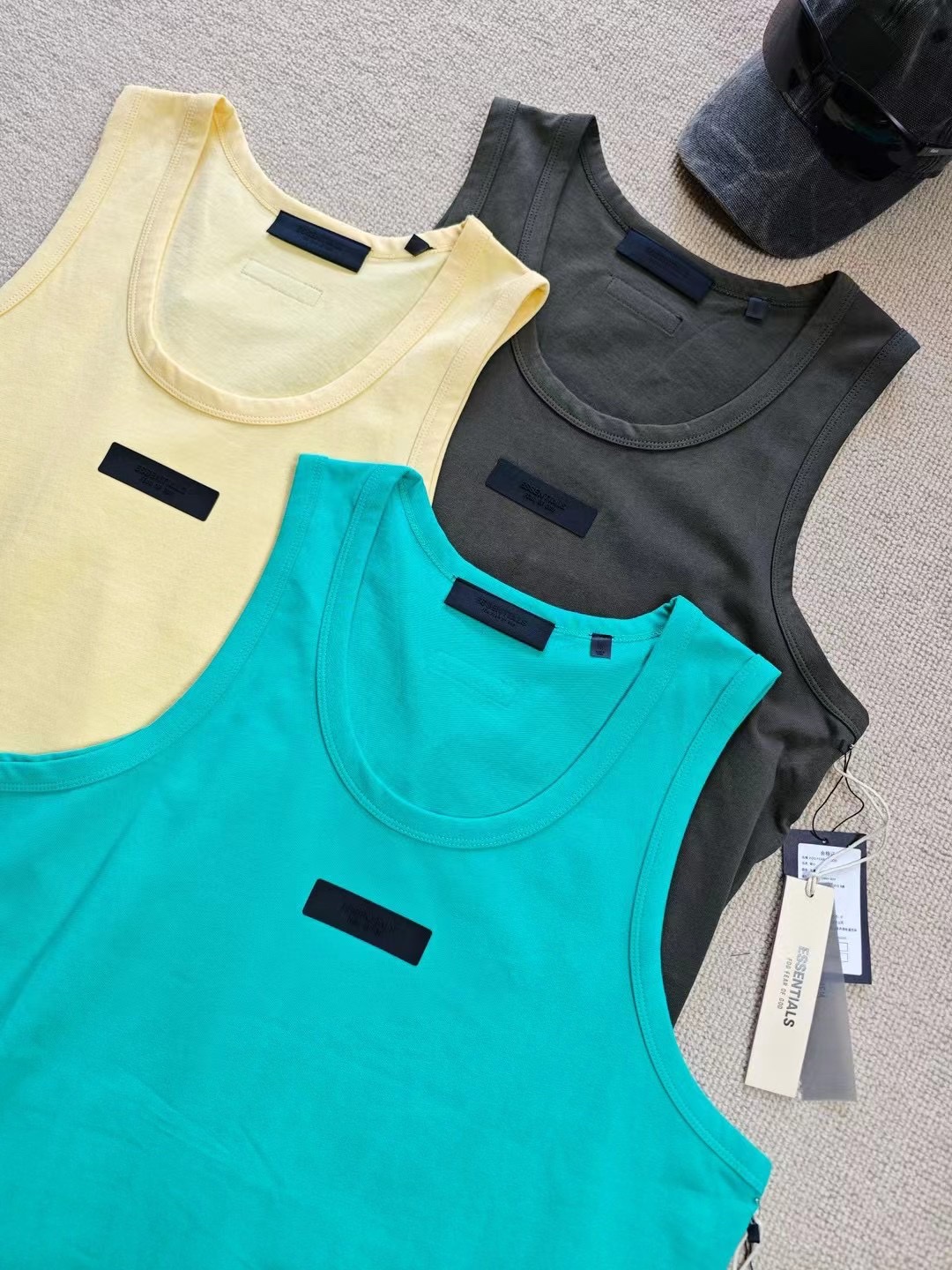 Fear Of God Kleding T-Shirt Tank Tops&Camis Zwart Groen Geel Unisex gekamd katoen Katoen Koeienhuid Silicagel Lente/herfstcollectie Essential Casual