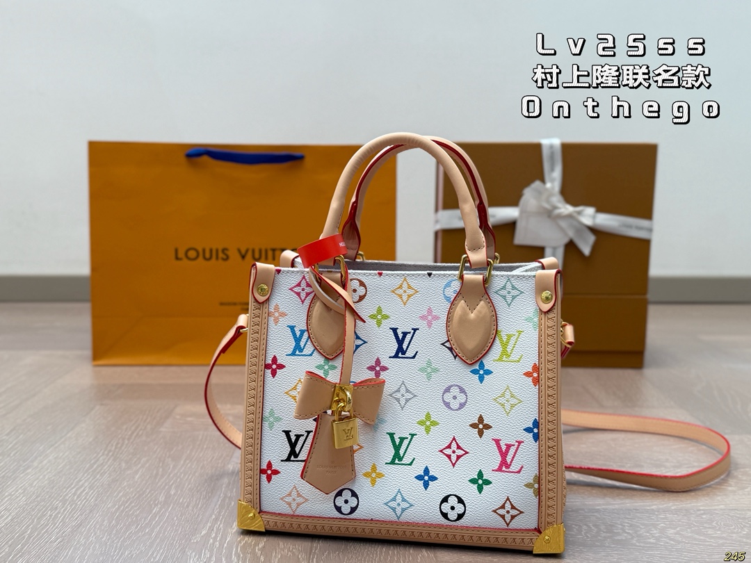 3️⃣色¥220
Lv25ss村上隆联名款
Onthego tote梦回千禧年
结合金属配件，俏皮中带点小华丽。
丛林托特质量超好
真的是太高级啦！颜色太惊艳啦！
搜索🔍 Lv  onthego购物袋tote
尺寸25 20