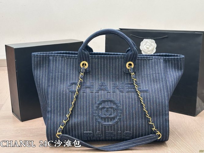 Chanel Denim Tote Bag with Striped Design and Chain Accents - Stylish & Versatile 1 Chanel Denim Tote Bag with Striped Design and Chain Accents - Stylish & Versatile