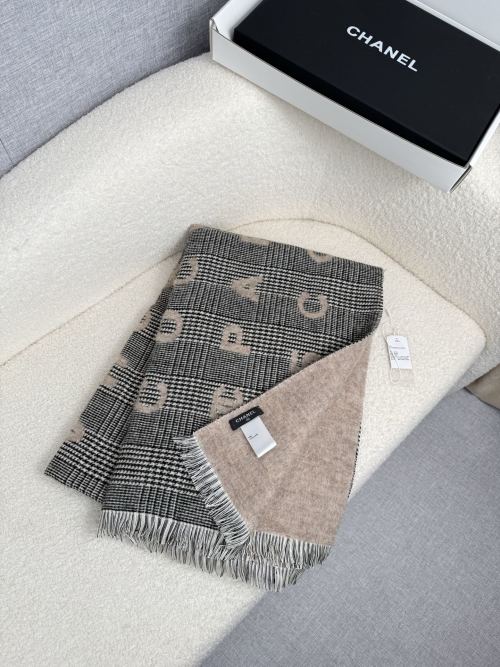 Elegant Chanel Logo Plaid Scarf - Soft Cashmere & Silk Blend - 190x60cm 1 Elegant Chanel Logo Plaid Scarf - Soft Cashmere & Silk Blend - 190x60cm