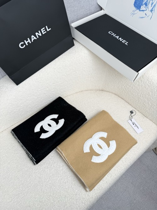 Chanel Wool and Cashmere Scarf with Oversized Logo - 30 x 180 cm 1 Chanel Wool and Cashmere Scarf with Oversized Logo - 30 x 180 cm