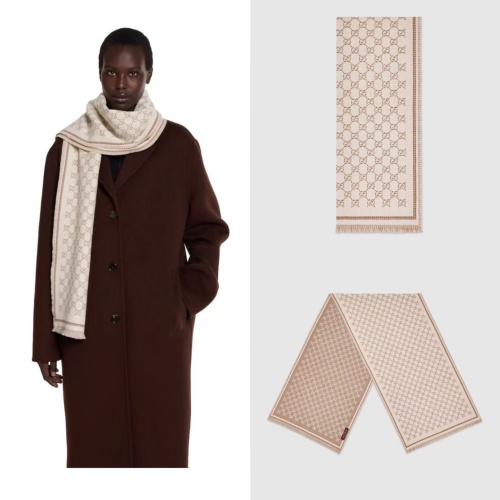 Gucci GG Jacquard Wool Blend Scarf, Beige/Brown, 47 x 180 cm 1 Gucci GG Jacquard Wool Blend Scarf, Beige/Brown, 47 x 180 cm