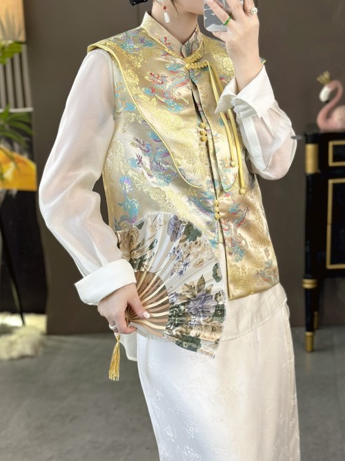 Elegant Chinese Style Dragon Pattern Vest & Top Set - Unique Design 1 Elegant Chinese Style Dragon Pattern Vest & Top Set - Unique Design