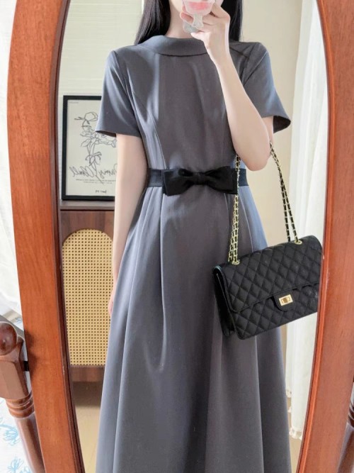 Elegant Gray A-Line Midi Dress with Bow Belt - Short Sleeve, Chic Design 1 Elegant Gray A-Line Midi Dress with Bow Belt - Short Sleeve, Chic Design